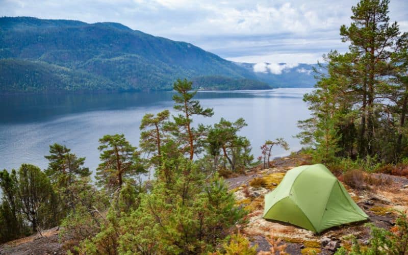 Tente verte installée en pleine nature au milieu de sapins près d'un immense lac, avec des montagnes en face.